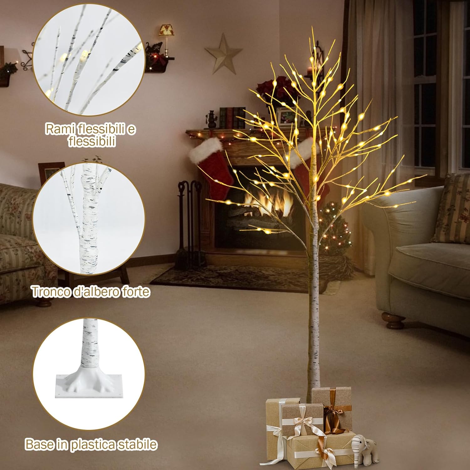 Albero Artificiale Illuminato 120/150/180 cm con Rami di Betulla, Albero di Natale Bianco con Luci LED Calde e Bianche, Decorazione per Interno per Natale Pasqua Matrimonio (150cm)