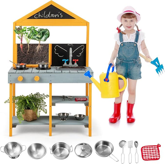 Cucina Giocattolo per Giardino con Vaso da Piantinaggio Trasparente, Rubinetto e Lavandino Rimovibile, Cucina in Legno di Abete per Bambini, Set Cucina con 8 Accessori (Blu e Arancio)