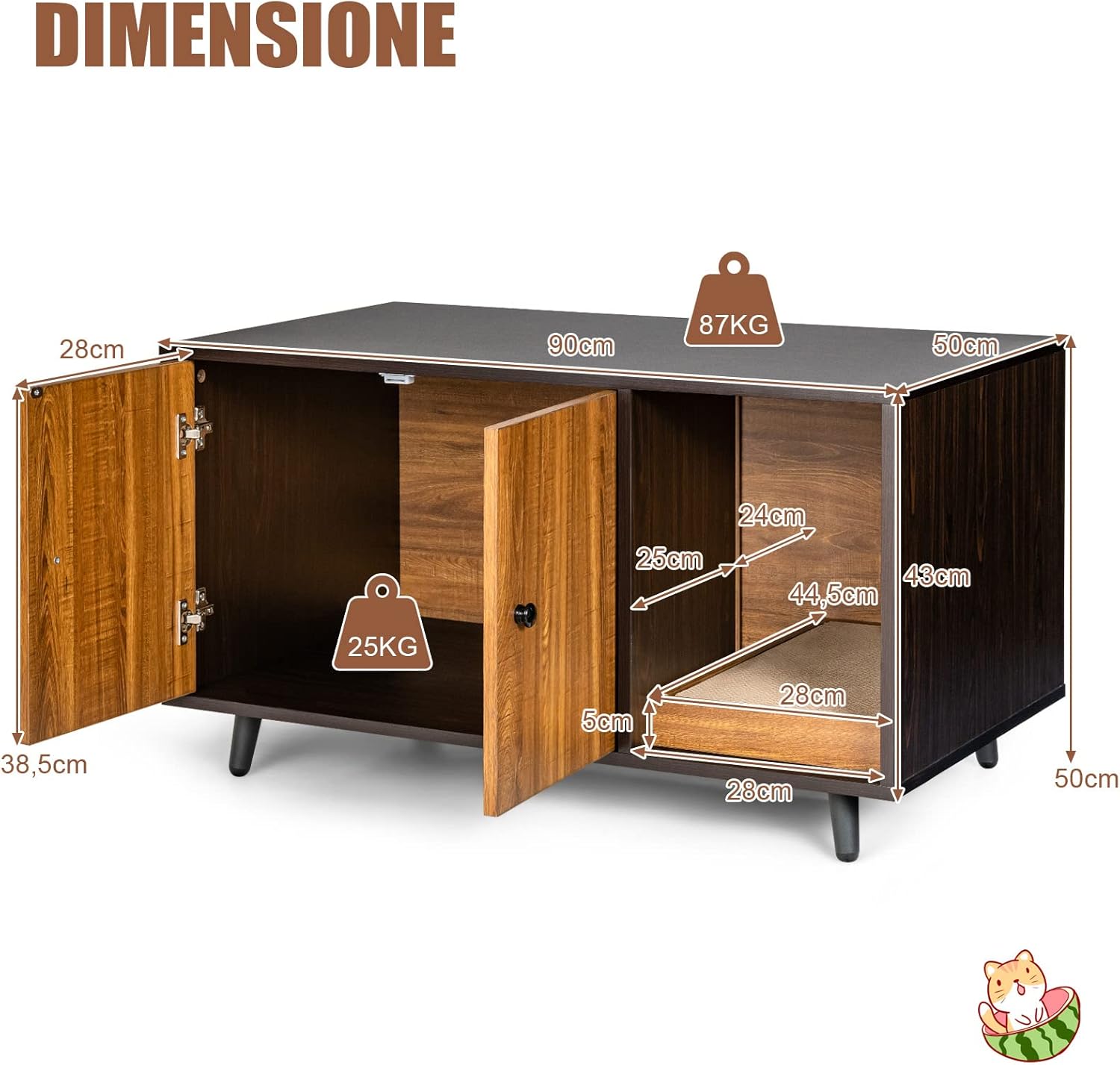 Mobile per Lettiera per Gatti 90 x 50 x 50 cm, Cassetta Igienica per Gatti con Doppia Anta, Divisore, Ingresso Avvolgibile, Tiragraffi e Gambe di Metallo Solido (Marrone)