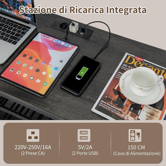 Mobiletto Portabottiglie da Vino a 3 Livelli, con Ripiani di Stoccaggio, Porta Bicchieri, Porta Bottiglie, Prolunghe Elettriche, per Soggiorno Cucina, Bar, 120 x 40 x 92 cm (Grigio Scuro)