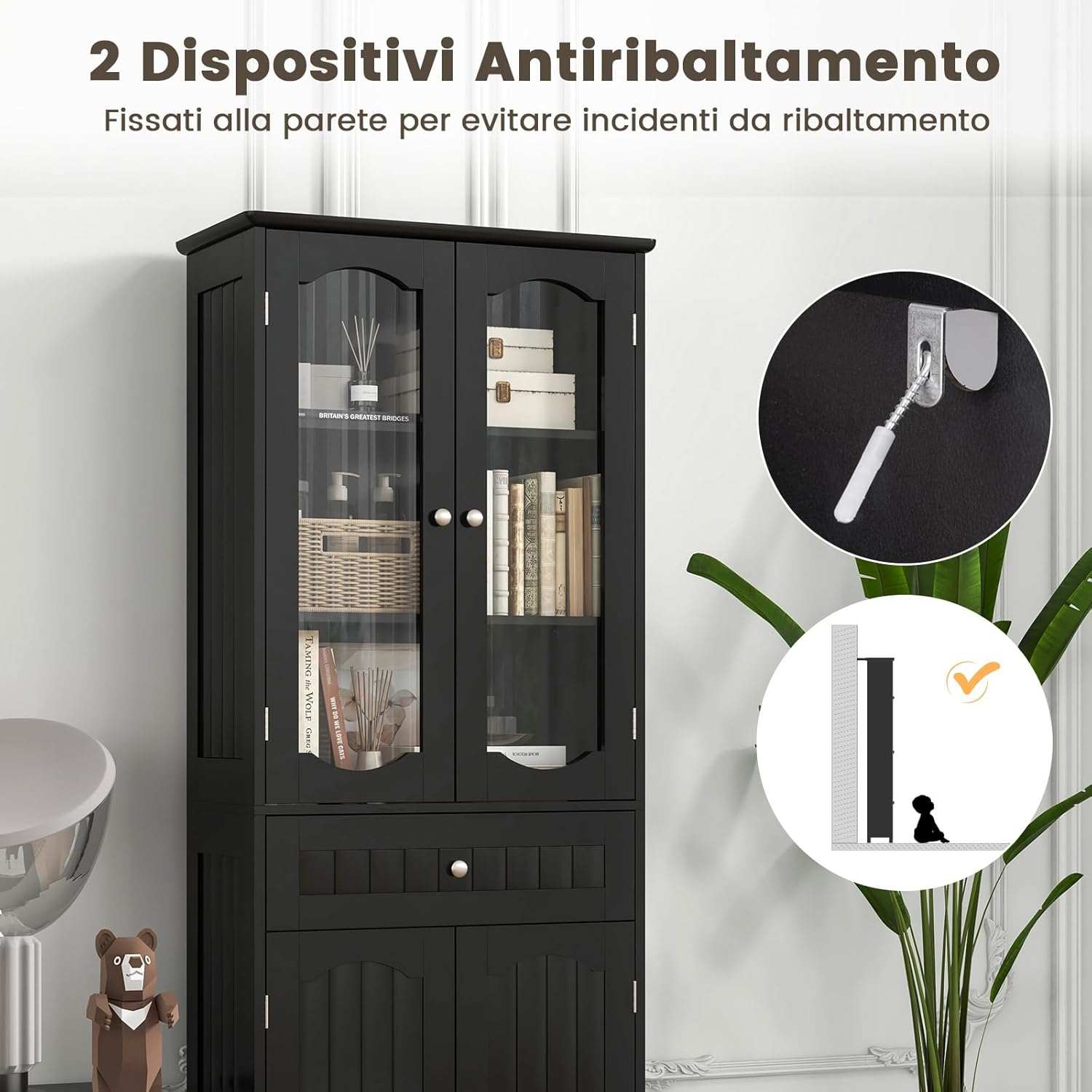 Armadietto Salvaspazio 60 x 30 x 160cm, Mobile Bagno con 2 Ripiani Regolabili, Cassetto e 2 Porte in Vetro Temprato, Armadio da Bagno per Ufficio, Soggiorno e Camera da Letto, Bianco (Nero)