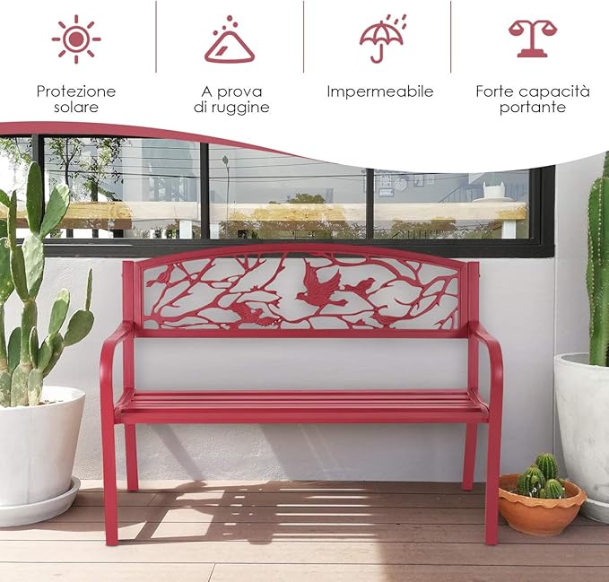 Panchina da Esterno, Panchina in Metallo con Schienale, Sedile Spazioso e Braccioli Ergonomici, Panchina da Giardino, Balcone e Cortile, Portata 280kg, 127 x 59,5 x 62,5 cm