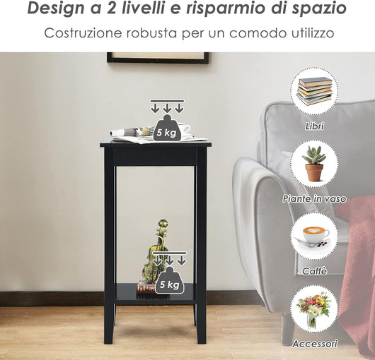 Tavolino da Salotto, Tavolino di Servizio con 2 Livelli e 4 Gambe in Solido Legno, Tavolino da Caffè Rettangolare Stretto per Salone e Camera da Letto, 39,6 x 29,6 x 73,5 cm (Nero)