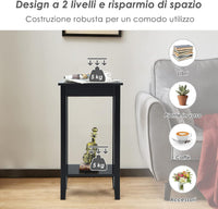 Tavolino da Salotto Alto a 2 Livelli Aperti, Tavolino Comodino in Legno di Pino Massicio, Tavolino Moderno Portaoggetti per Soggiorno e Camera da Letto, 40 x 30 x 73,5 cm (1, Nero)
