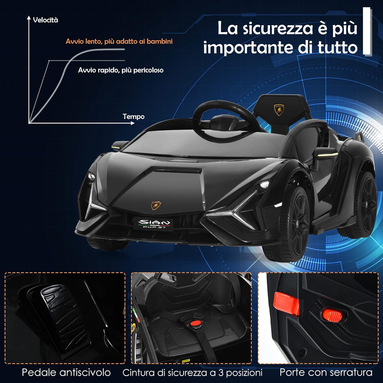 Macchina Elettrica Lamborghini per Bambini da 12V, Veicolo Elettrico Cavalcabile con Luci LED MP3 Telecomando, Fino a 5km/h, +3 Anni (Nero)
