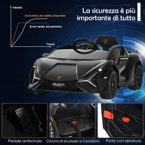 Macchina Elettrica Lamborghini per Bambini da 12V, Veicolo Elettrico Cavalcabile con Luci LED MP3 Telecomando, Fino a 5km/h, +3 Anni (Nero)