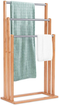 Portasciugamani in Bambù da Terra 46x24x84cm, Mobile Bagno con 3 Aste per Asciugamano in Acciaio Inox, Colore Naturale