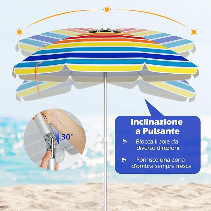 Ombrellone da Spiaggia 198 cm, Ombrello Parasole da Esterno con Palo Inclinabile in Alluminio, Ombrellone Portatile con Borsa di Trasporto, Anti UV 50+, 8 Stecche (Colorato)