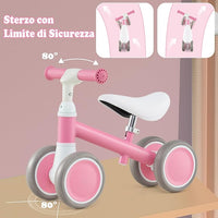 Bicicletta Senza Pedali per Bambini 1-3 Anni, Bicicletta Equilibrio con 4 Ruote, Manubrio e Sella Regolabili in Altezza, Bici per Bambini, Portata 25 kg