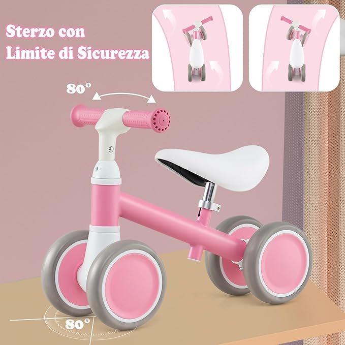 Bicicletta Senza Pedali per Bambini 1-3 Anni, Bicicletta Equilibrio con 4 Ruote, Manubrio e Sella Regolabili in Altezza, Bici per Bambini, Portata 25 kg