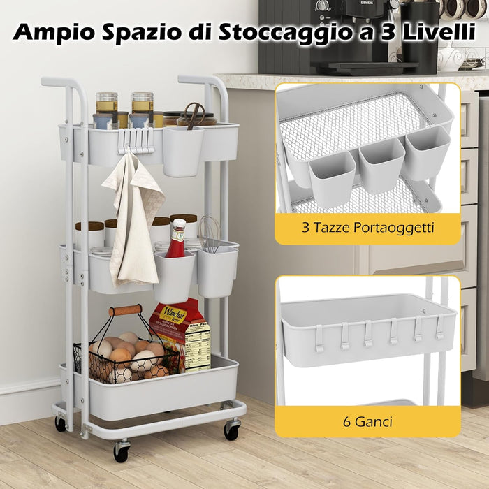Carrello a 3 Ripiani, Carrello da Cucina Pieghevole con 3 Tazze Appendibili e 6 Ganci, Carrello da Conservazione Multiuso per Casa Ufficio, 45 x 37 x 92 cm