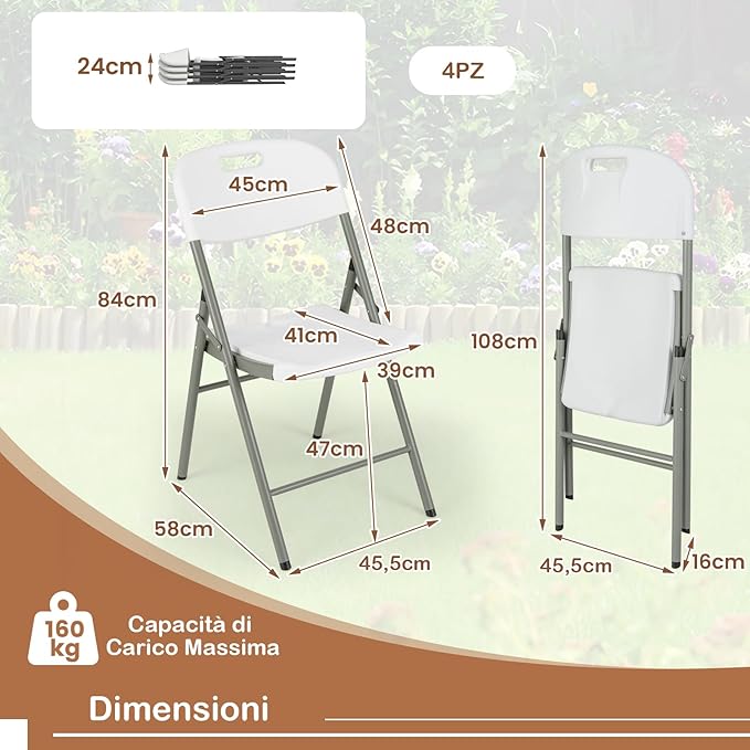 Set di 4 Sedie Pieghevoli con Struttura in Metallo, Sedie da Pranzo Salvaspazio con Antiscivoli, Sedie da Campeggio per Interno ed Esterno, 58 cm x 45 cm x 84 cm (Bianco)