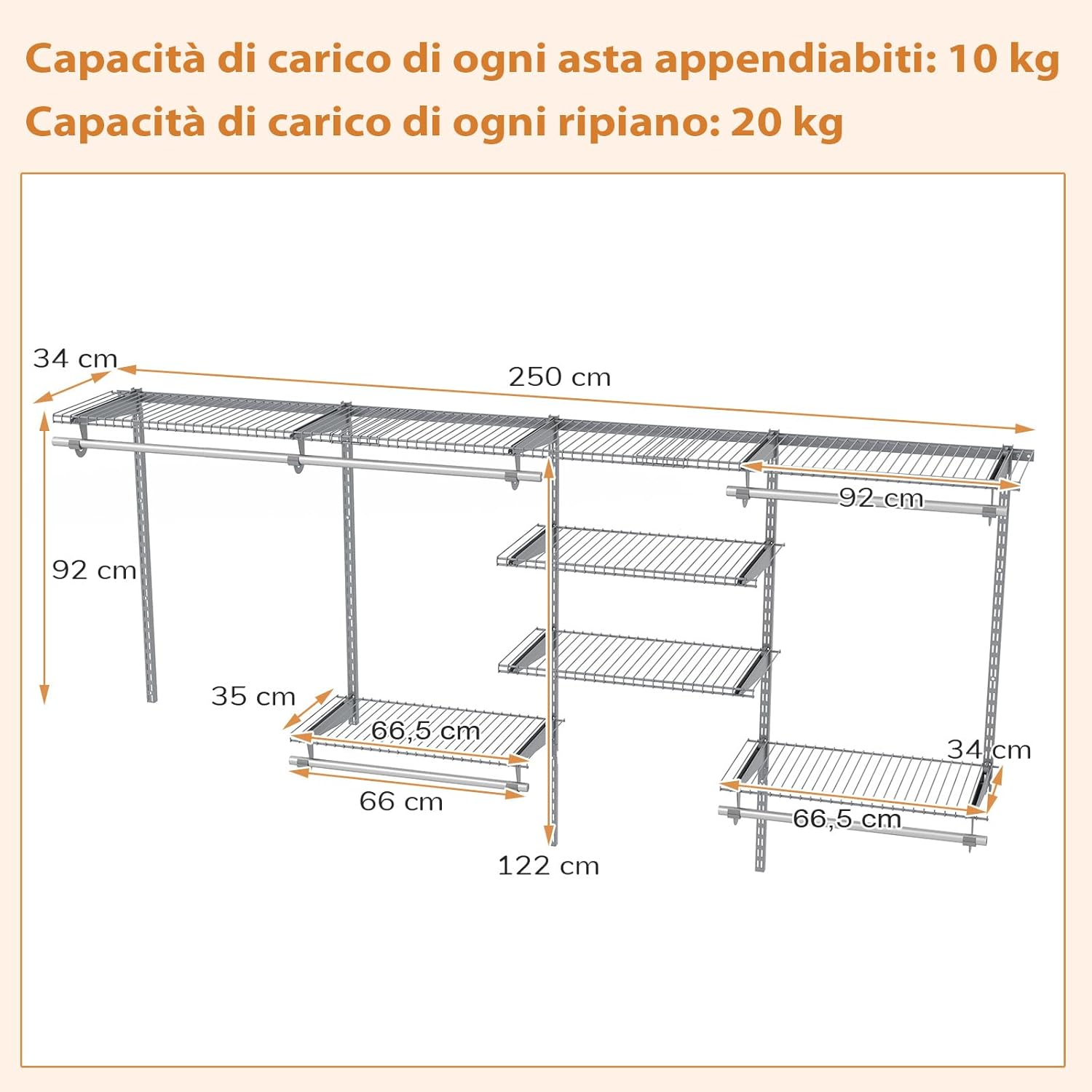 Guardaroba Parete 122-244 CM, Sistema di Organizzazione Regolabile con Asta Pendente, Appendiabiti Metallica, Sistema di Organizzazione e Stoccaggio Armadi per Camera da Letto (Grigio)