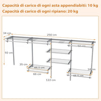 Guardaroba Parete 122-244 CM, Sistema di Organizzazione Regolabile con Asta Pendente, Appendiabiti Metallica, Sistema di Organizzazione e Stoccaggio Armadi per Camera da Letto (Grigio)