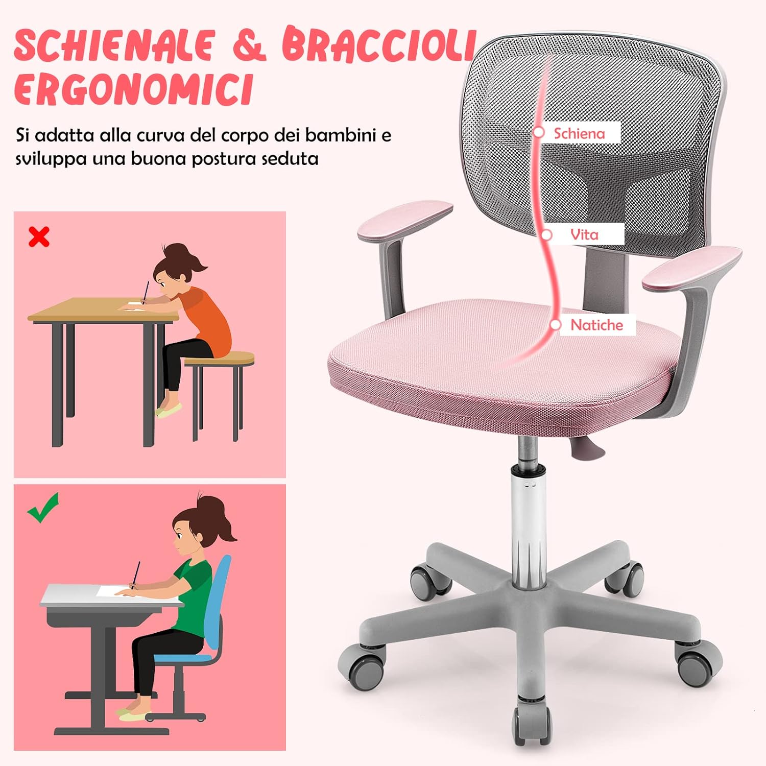 Sedia per Scrivania per Bambini, Sedia per Computer per Bambini con Altezza Regolabile, Ruote con Freni, Sedile Girevole a Rete, Sedia Ergonomica per Bambini 3-10 Anni (Rosa)