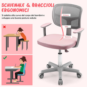 Sedia per Scrivania per Bambini, Sedia per Computer per Bambini con Altezza Regolabile, Ruote con Freni, Sedile Girevole a Rete, Sedia Ergonomica per Bambini 3-10 Anni (Rosa)