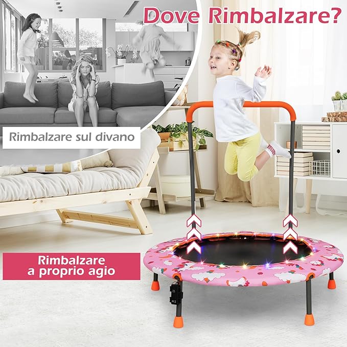 Trampolino per Bambini da Interno ed Esterno, Tappeto Elasctico Bambini 3-6 Anni in Acciaio con Maniglia Rimovibile, Luci LED, Cuscinetti Antiscivolo e Copertura Protettiva