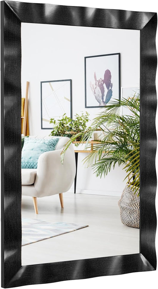 Specchio da Parete 106 x 71,5 cm, Specchio Rettangolare con Cornice in Legno di Gomma, Montaggio Verticale e Orizzontale, per Bagno Soggiorno Ingresso (Nero)