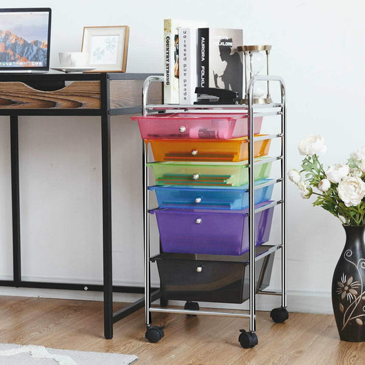 Carrello con 6 Cassetti e Ruote, Cassettiera in Plastica, con Due Dimensioni di Cassetti, Contenitore Multiuso per Casa Bagno e Ufficio, 37 x 74 x 32cm (Colorato)