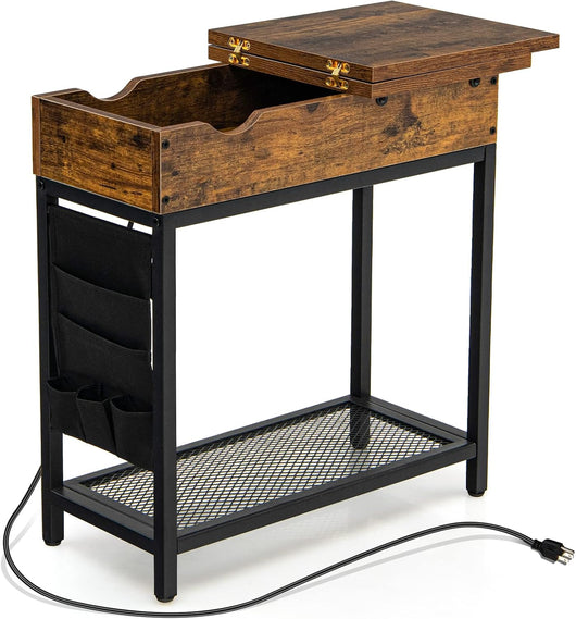 Tavolino da Salotto con Porte USB e Prese di Corrente, Tavolino Stretto con Piano Ribaltabile, Comodino Multifunzionale per Soggiorno e Camera da Letto, 60 x 30 x 58,5cm, Marrone
