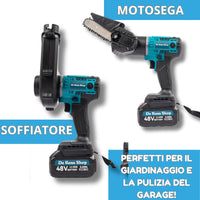 Kit Completo Professionale Fai da Te, 5 in 1 con Teste Intercambiabili, Trapano, Avvitatore, Mini Motosega, Soffiatore con 2 Batterie 48V