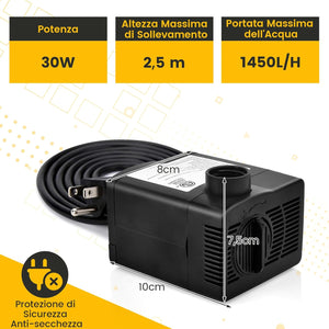 Pompa Sommergibile da 900L/H (22W)/1450L/H (30W), Pompa per Fontane con Sollevamento di 2,2/2,5 Metri, Cavo di Alimentazione da 1,83 Metri e 3 Ugelli per Acquari Idroponica Laghetto (1450L/H)