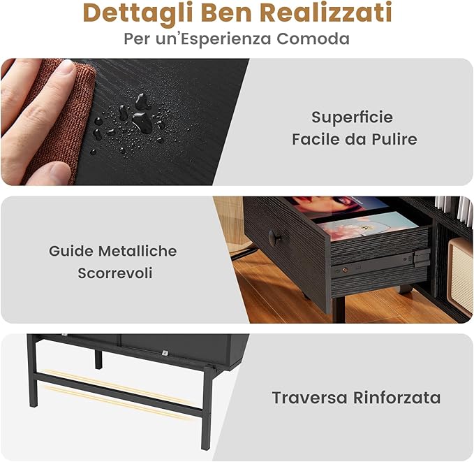 Armadio Camera da Letto 70 x 36 x 80 cm, Credenza Salvaspazia in Legno con Scomparti Aperti, Supporti per Album e Cassetto, Mobile Moderno per Sala Musica e Soggiorno (Nero)