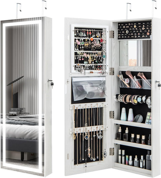 Armadietto Portagioie da Parete, Specchio Portagioie con Luci LED, Contenitore per Gioie Salvaspazio con Serratura e 3 Ripiani, Specchiera Portagioie a Muro, 40 x 12,5 x 120 cm