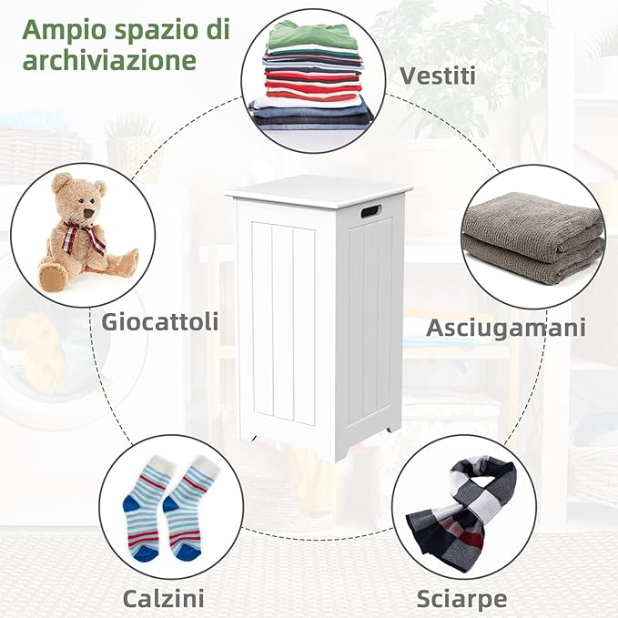 Mobile Portabiancheria per Bagno, Cesto Organizzazione Lavanderia, in Legno, Bianco