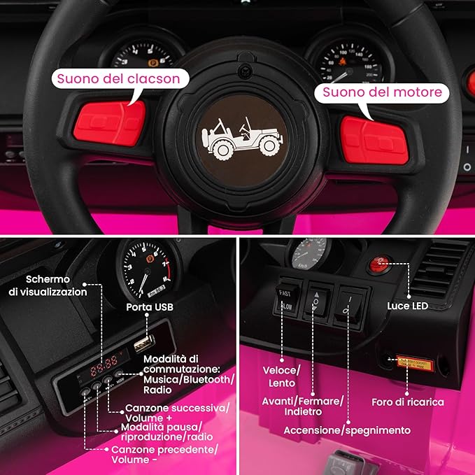 24V Auto per Bambini con Telecomando, Macchina Elettrica con 2 Posti musica Bluetooth luci, 2 Velocità Regolabile, Regalo per Bambini 3-8 Anni (Rosa)