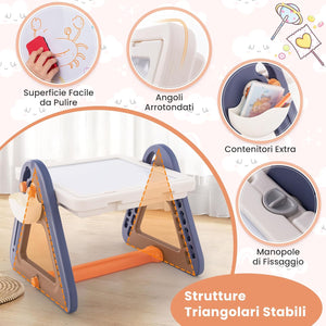 2 in 1 Set Tavolo e Cavalletto per Bambini, Tavolo Multiattività con Sedia e Piano Reversibile, Set Tavolo Attività con 160 Blocchi da Costruzione, 84x58x55 cm
