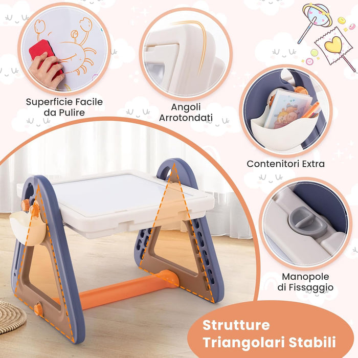 2 in 1 Set Tavolo e Cavalletto per Bambini, Tavolo Multiattività con Sedia e Piano Reversibile, Set Tavolo Attività con 160 Blocchi da Costruzione, 84x58x55 cm