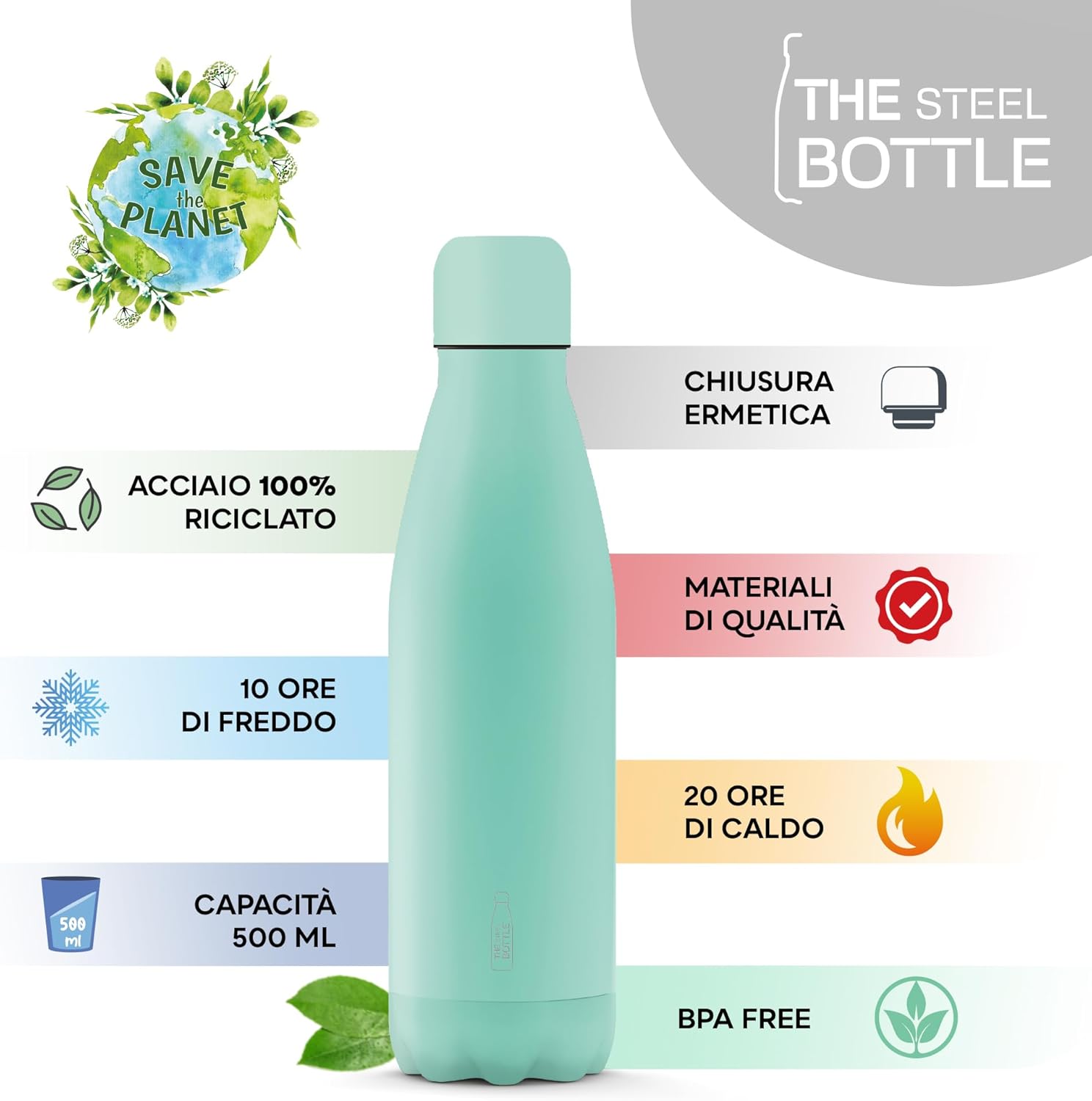 The Steel Bottle Bottiglia termica in Acciaio Inox Capacità 500 ml Chiusura Ermetica - Acqua Marine