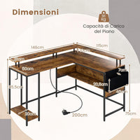 Scrivania da Gaming Angolare, Scrivania per Computer con Luci LED, Prese di Corrente, Supporto per Monitor, Gancio e Ripiani, Postazione di Lavoro ad Angolo