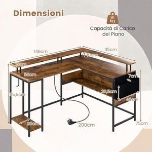 Scrivania da Gaming Angolare, Scrivania per Computer con Luci LED, Prese di Corrente, Supporto per Monitor, Gancio e Ripiani, Postazione di Lavoro ad Angolo