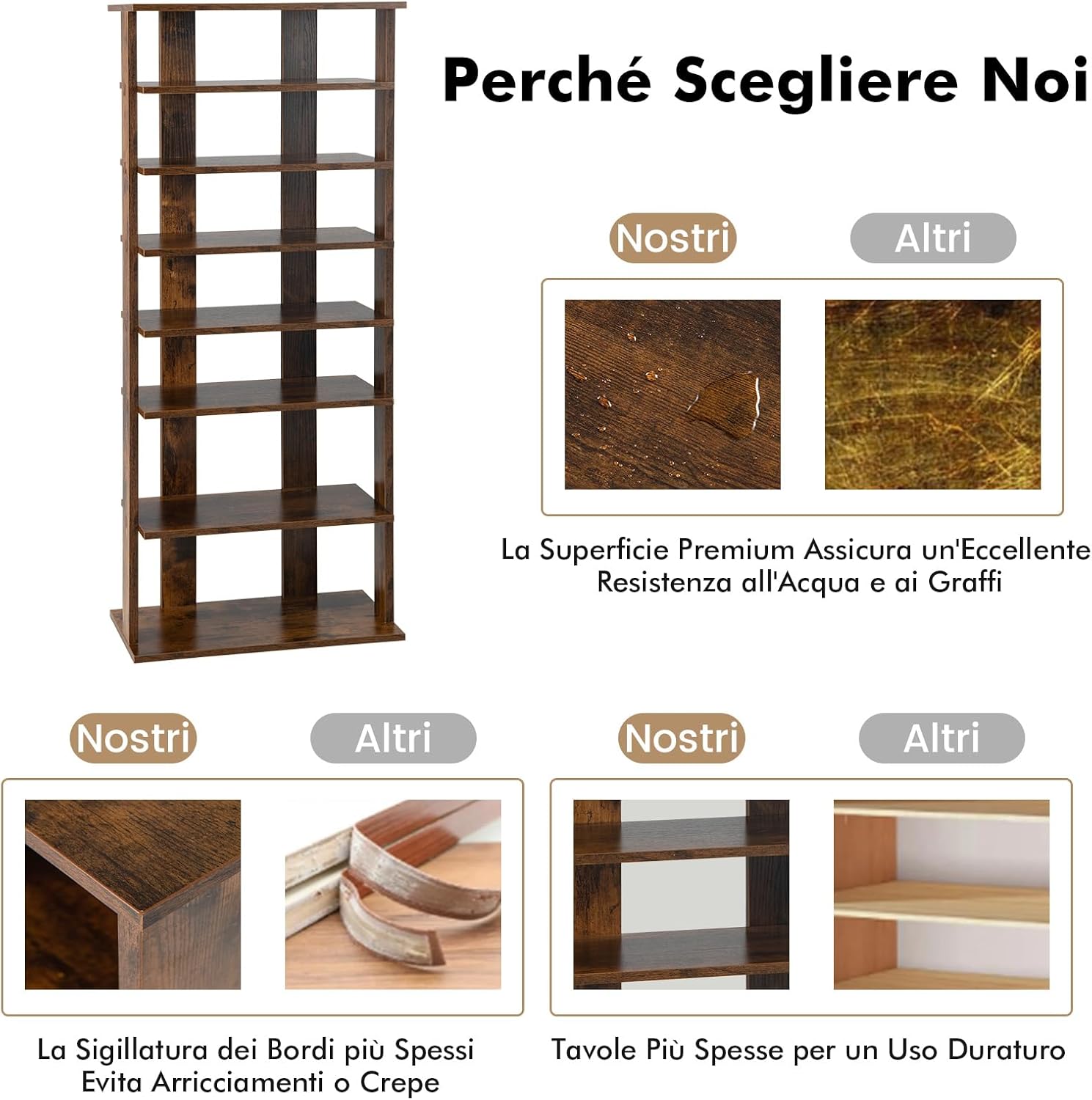 Scarpiera Verticale a 7 Livelli, Organizer per Scarpe in Stile Retrò, con Pannello Rimovibile, Scaffale per Scarpe per Corridoio Ingresso Armadio, 45x25x110 cm (Marrone)