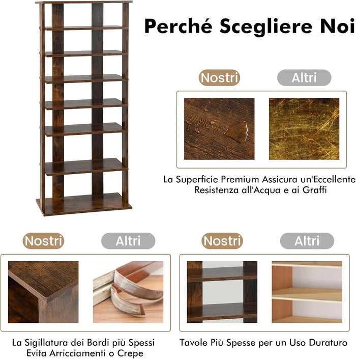 Scarpiera Verticale a 7 Livelli, Organizer per Scarpe in Stile Retrò, con Pannello Rimovibile, Scaffale per Scarpe per Corridoio Ingresso Armadio, 45x25x110 cm (Marrone)