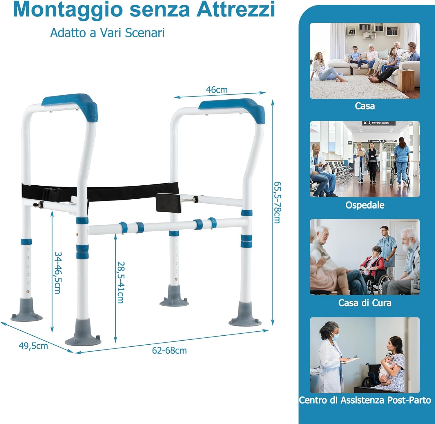Supporto di Sicurezza Telaio Autonomo per WC, Supporto per WC Regolabile in Altezza e Larghezza con Cinghia di Fissaggio, Con Ventose Antiscivolo (Blu)