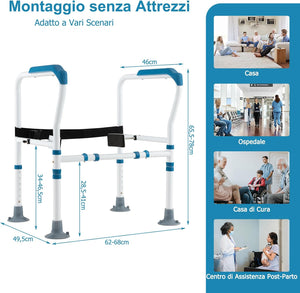 Supporto di Sicurezza Telaio Autonomo per WC, Supporto per WC Regolabile in Altezza e Larghezza con Cinghia di Fissaggio, Con Ventose Antiscivolo (Blu)