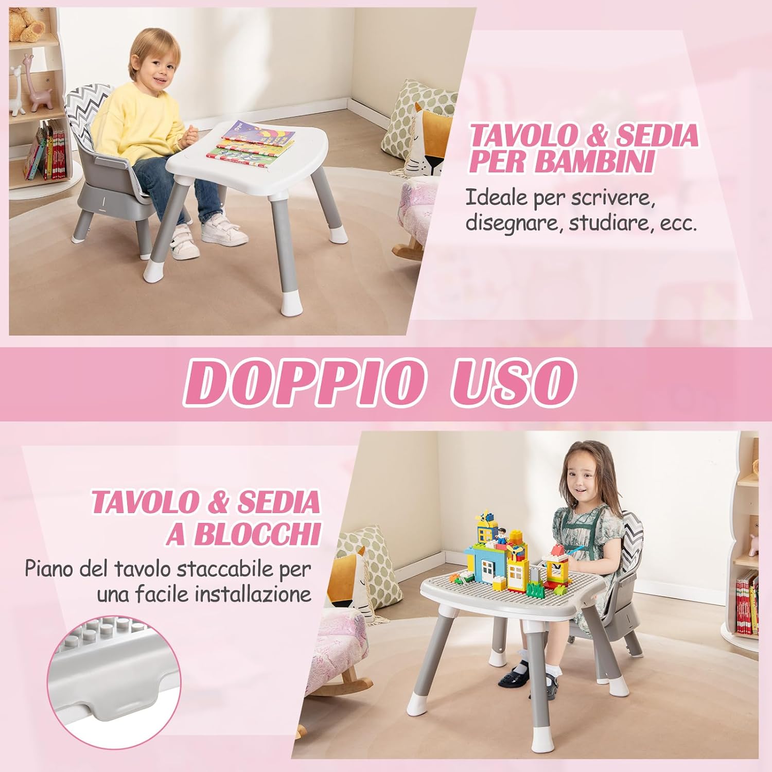 Seggiolone Pappa per Bambini 6 in 1, Seggiolone per Neonati Convertibile, Tavolo per Costruzioni per Bambini, con Imbracatura a 5 Punti, per Bambini da 6 Mesi fino 3 Anni (Gessato)