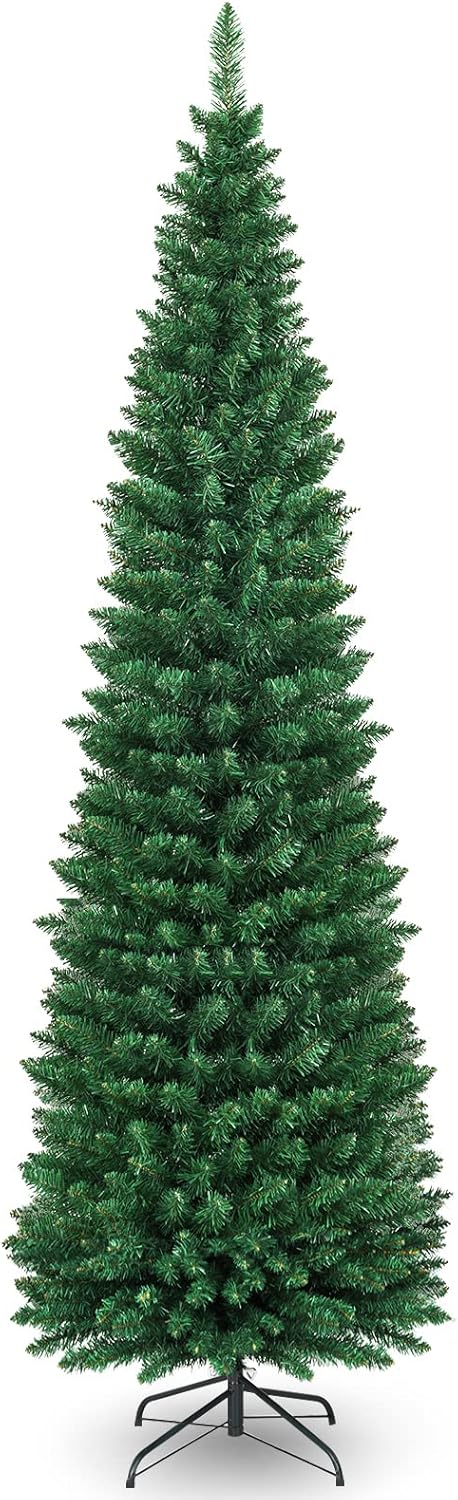 Albero di Natale 150/180/210/240 cm, Albero di Natale Slim con 220/400/700/1000 Rami Folti e Realistici e Base in Metallo, Albero di Natale Artificiale per Casa e Negozio, Verde (210 cm)