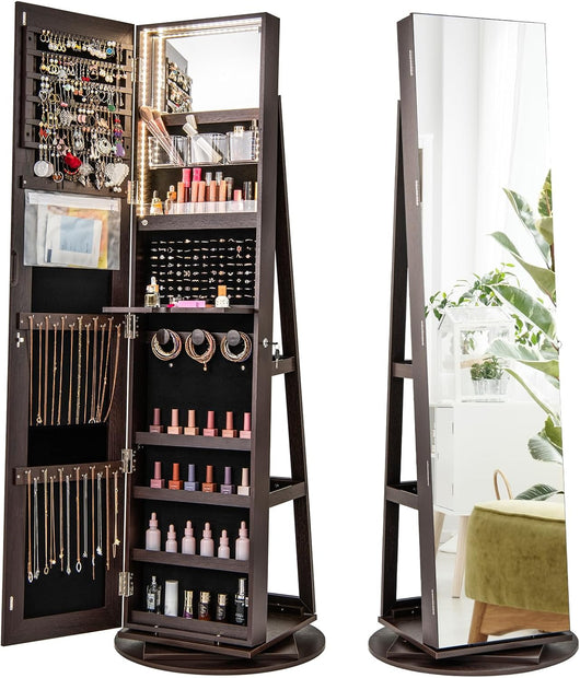 Armadietto Portagioie Girevole a 360¡ã, Specchio Portagioie con Luci LED a 3 Colori, Organizatore da Terra per Gioielli, Con 3 Ripiani e Serratura, 161 x 54,5 x 54,5cm (Marrone Scuro)
