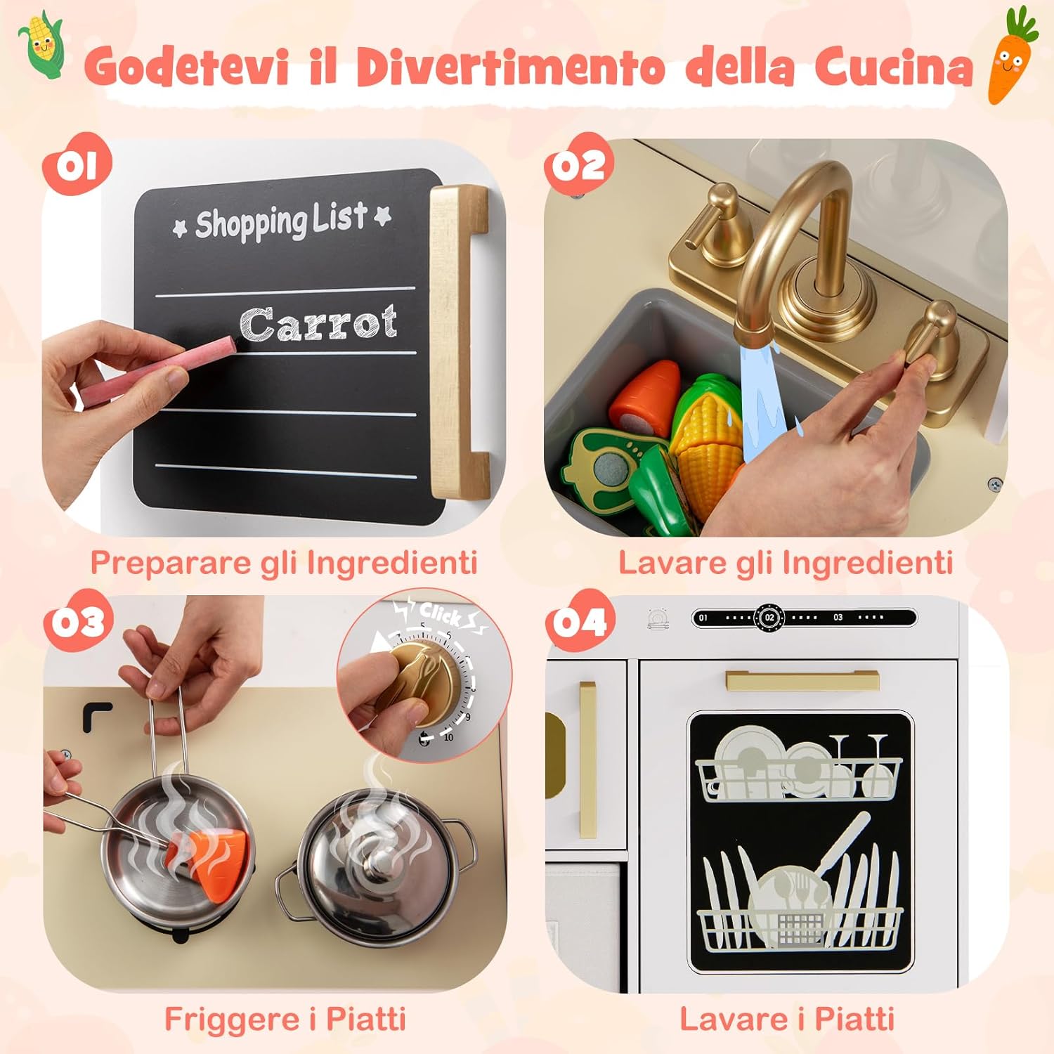 Cucina Giocattolo con Macchina del Ghiaccio e Microonde con Luce, Cucina per Bambini in Legno con 2 Lavagne, Lavandino e Cassetto in Tessuto, Set Cucina con 9 Accessori, 86 x 27 x 83 cm