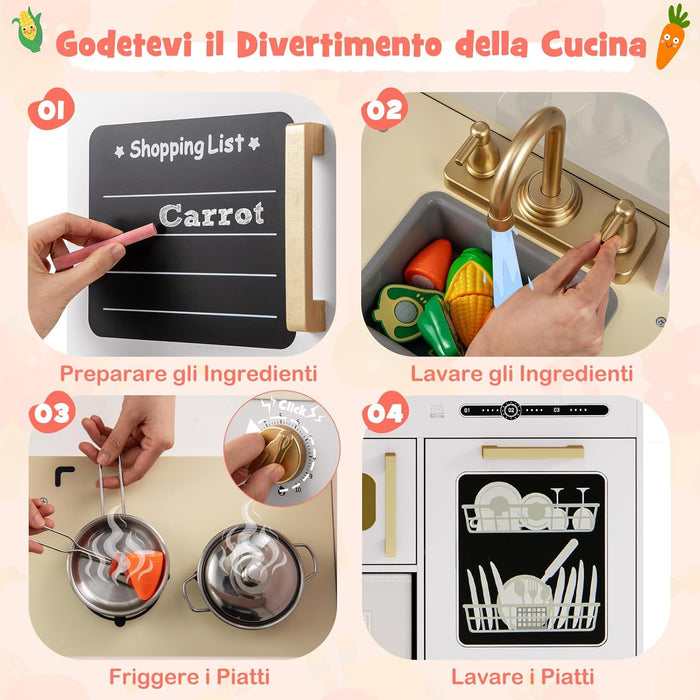 Cucina Giocattolo con Macchina del Ghiaccio e Microonde con Luce, Cucina per Bambini in Legno con 2 Lavagne, Lavandino e Cassetto in Tessuto, Set Cucina con 9 Accessori, 86 x 27 x 83 cm