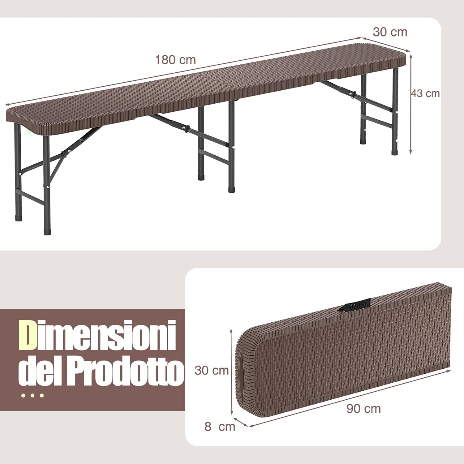 Panca da Giardino 180 cm, Panca Pieghevole da Picnic in HDPE, per Giardino Campeggio Festa, Portata 600 kg (Panca)