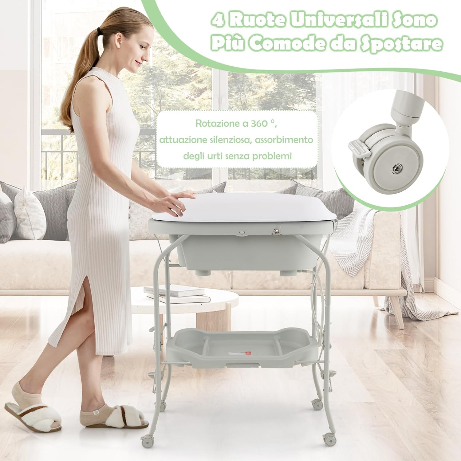 Fasciatoio con Vaschetta da Bagno per Neonati, Fasciatoio Pieghevole Salvaspazio con Materassino in PVC e Ruote, per Bambini 0-12 Mesi, Portata 15kg+35 kg (Grigio Chiaro)