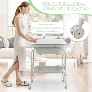 Fasciatoio con Vaschetta da Bagno per Neonati, Fasciatoio Pieghevole Salvaspazio con Materassino in PVC e Ruote, per Bambini 0-12 Mesi, Portata 15kg+35 kg (Grigio Chiaro)