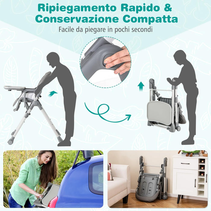 Seggiolone Pieghevole per Bambini, Portatile Regolabile con Poggiapiedi, Seggiolone con Vassoio Staccabile, Cuscino Sede in PU, Cintura di Sicurezzae Ruote Incorporate, Portata 15 kg (Grigio)