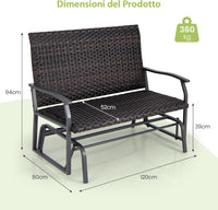 Panchina a Dondolo da Giardino in Rattan, Panca Dondolo Intrecciata per 2 Persone, con Seduta in Schiuma e Braccioli, Poltrona a Dondolo per Giardino, Cortile, Portata 360 kg