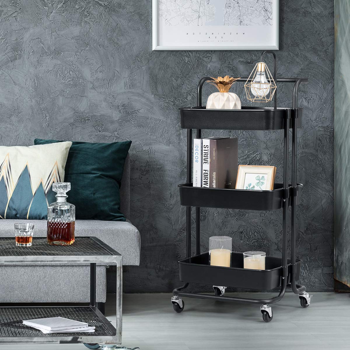 Carrello con 3 cesti e Maniglia, Carrello Multifunzione con Ruote, 87 x 35 x 42 cm, Nero/Bianco (Nero)